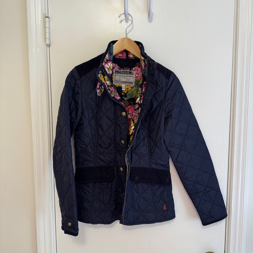 Joules Navy Blue Quilted Jacket with Floral Interior